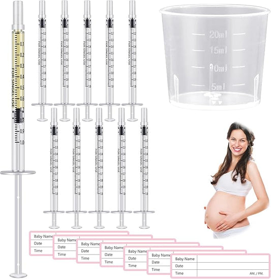 Trelaco Colostrum Collector Kit Include Sterile Sealed Breast Milk Syringes with Caps No Needle Colostrum Syringes Stickers 1 Measuring Cup Harvesting Collection for Breastmilk(50 Sets,1 ml)