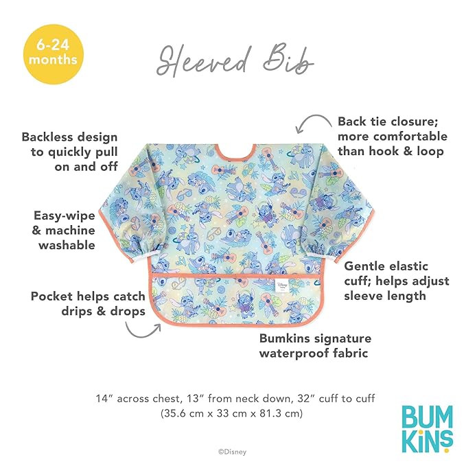 Bumkins Disney Sleeved Bib for Girl or Boy, Baby and Toddler for 6-24 Mos, Essential Must Have for Eating, Feeding, Baby Led Weaning Supplies, Long Sleeve Mess Saving Food Catcher, Aloha Stitch