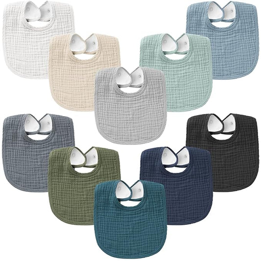Konssy 10-Pack Muslin Baby Bibs, Soft Cotton Bandana Bibs for Drooling & Teething, Unisex Solid Colors for Boys & Girls, Newborn & Infant