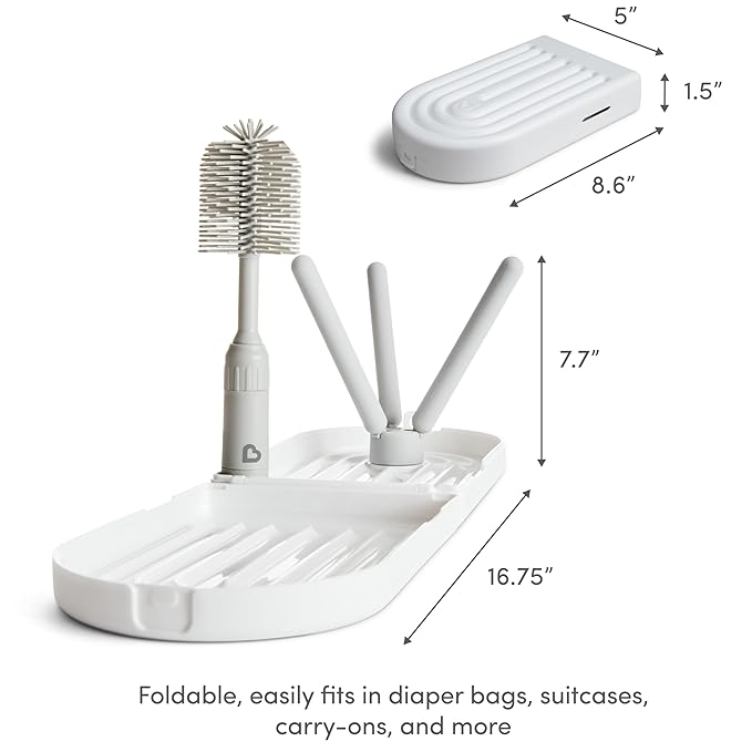Munchkin® Travel Baby Bottle Drying Rack with Silicone Bottle Brush - Compact and Foldable, Fits Easily in Diaper Bags for On-The-Go Use