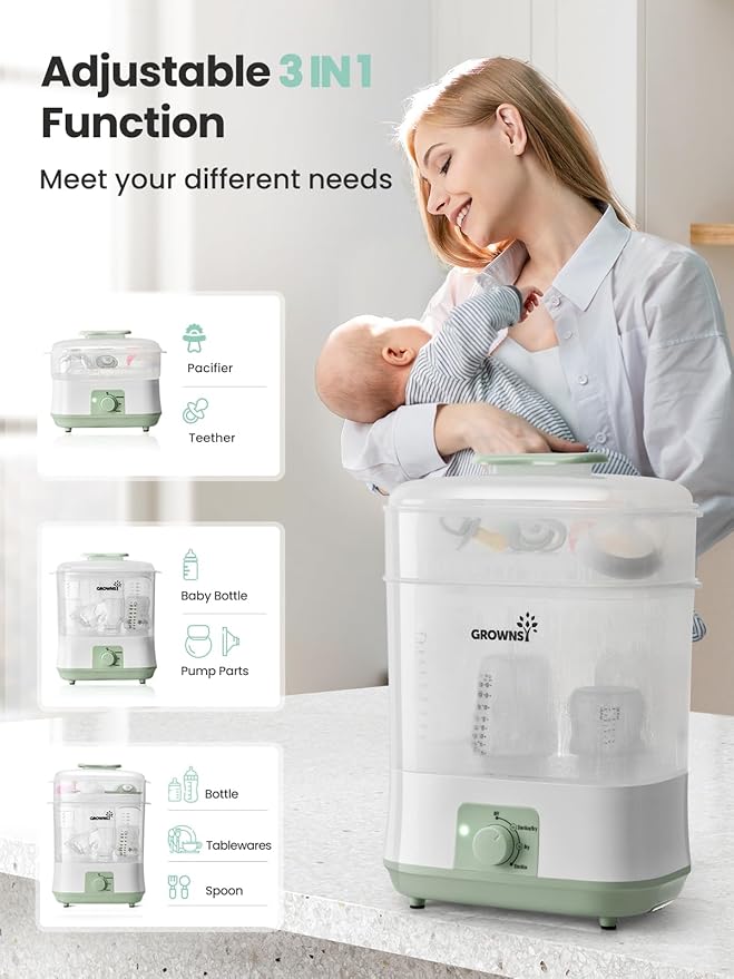 GROWNSY Adjustable 3 in 1 Large Bottle Sterilizer and Dryer, Electric Steam Baby Bottle Sterilizer, Bottle Sanitizer for Baby Bottles & Pacifiers, Breast Pump Parts Green