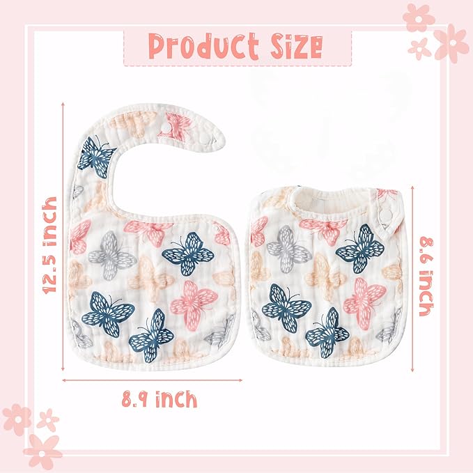 Zainpe 6Pcs Snap Muslin Cotton Baby Bibs Spring Butterflies Flowers Bib with 6 Absorbent Soft Layers Adjustable Burp Cloths for Infant Girl Boy Toddler Drooling Eating Teething Feeding 0 to 24 Months