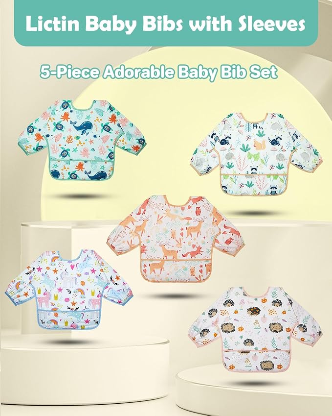Lictin Long Sleeve Bibs 5 Pack - Baby Bibs, Waterproof Toddler Bibs, Baby Smock for Eating, Baby Bibs for Feeding Teething