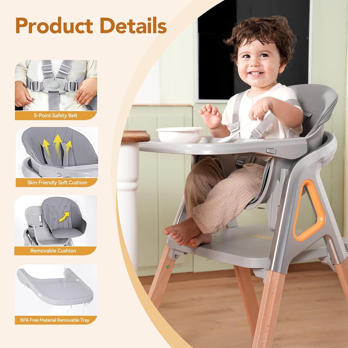 CoziBB Baby High Chair, 6 in 1 Convertible Growing Baby Highchairs for Babies and Toddlers, Baby Chair with Adjustable Dining Tray and Seat, 5-Point Safety Belt, Grey