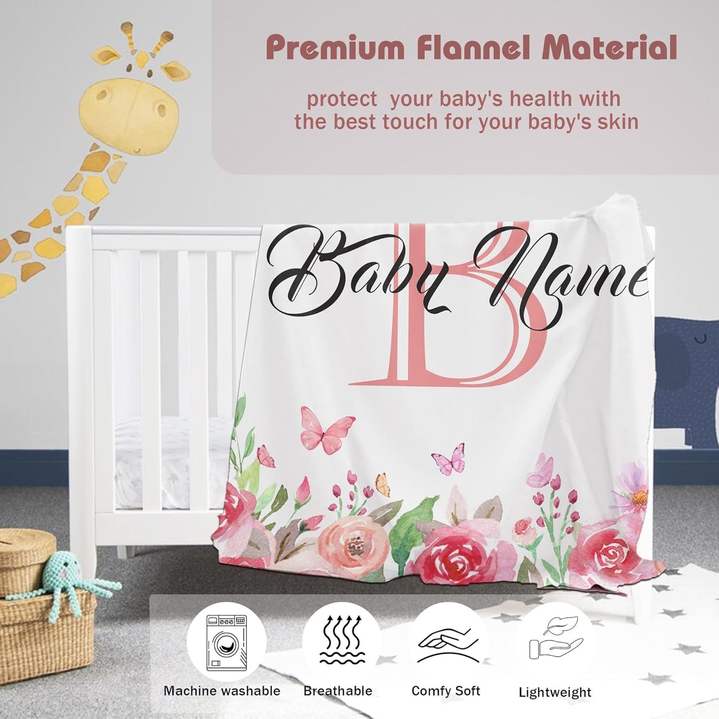 Custom Floral Rose Blanket with Name Personalized Name Blanket for Girl Newborn New Baby Customized Gifts for Baby Shower Christmas Birthday