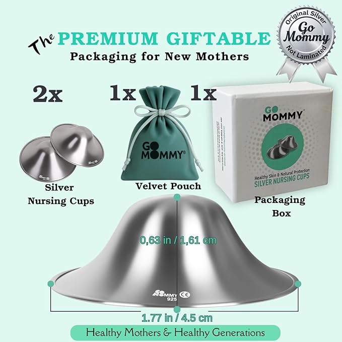 Silver Nipple Shields for Breastfeeding Newborn & A Breastfeeding Essential by Go Mommy - 925 Silver Nursing Cups for Sore Nipple Relief, Protects & Heals Cracked Nipples
