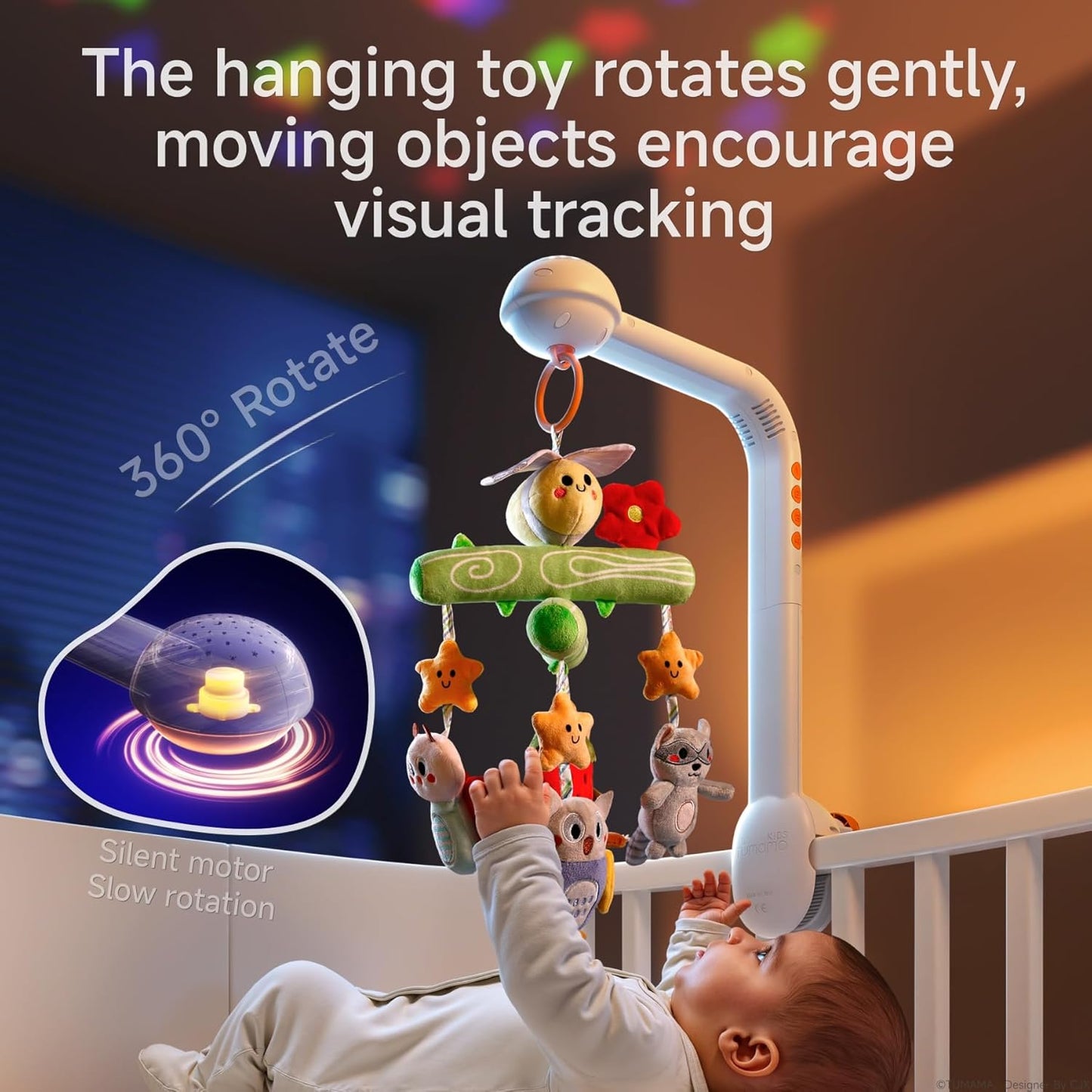 TUMAMA Crib Mobile with Music and Lights, Baby Mobile Cute Bee Crib Toys Hanging, Remote Control Nursery Mobiles for Bassinet, Rotation, Starlight Projection and Lullabies for Babies