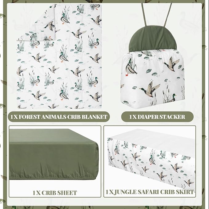 Oudain 4 Piece Mallard Duck Crib Bedding Set Including Mallard Duck Crib Skirt, Blanket, Crib Sheet and Diaper Stacker, Soft Neutral Nursery Standard Size Baby Bedding for Baby Girls and Boys