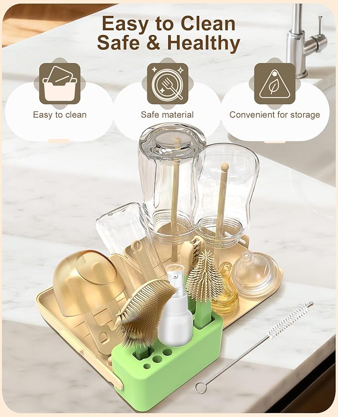 7 in 1 Baby Bottle Brush Set, BPA-Free Travel Bottle Cleaner Kit with U-Shaped Silicone/Nipple/Straw Brush, Portable Drying Rack, Soap Dispenser & Storage Box - Baby Travel & Home Essential