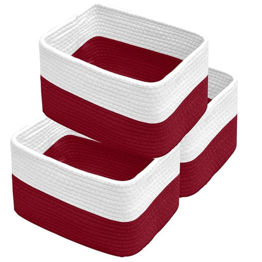 Hopegiver 3 Pack Storage Baskets for Organizing with Handle, Woven Baskets for Shelves - Durable Gift Basket for Cloth Toys Books Baby, Cotton Rope Basket for Dog Cat, 11x8x7 Inch(White&Red)