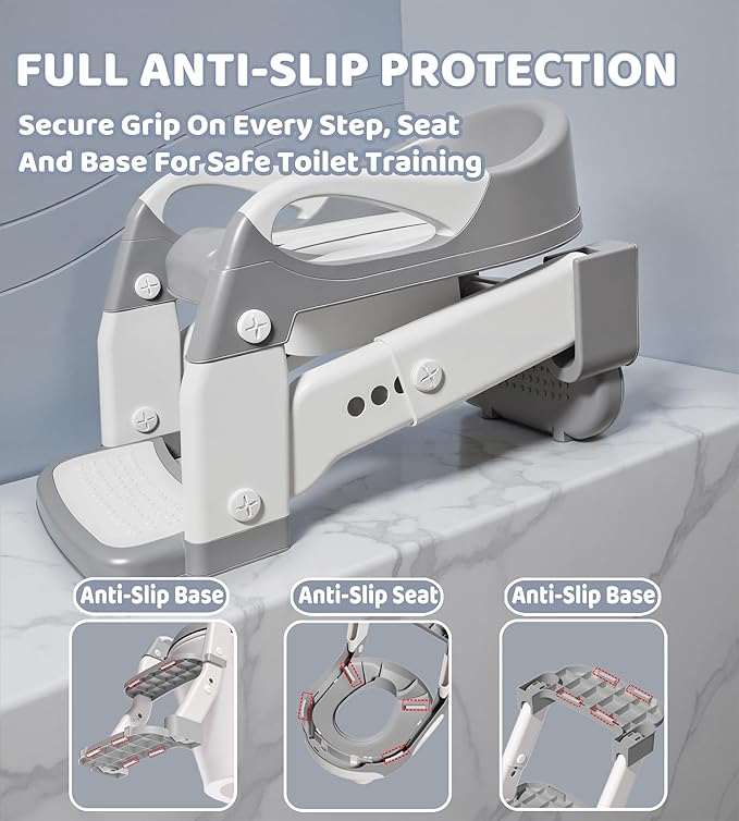 2-in-1 Toddler Potty Training Toilet Seat with Step Stool Ladder – Adjustable Height Potty Chair Urinal for Baby Boys Girls Age 1-3, Foldable Training Potty with Splash Guard & Anti-Slip Feet, Purple