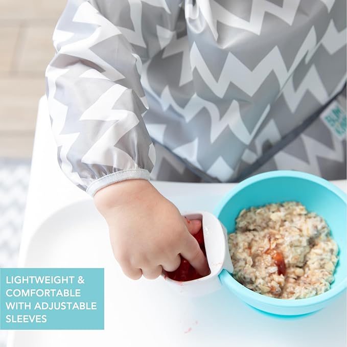 Bumkins Sleeved Bib for Girl or Boy, Baby and Toddler for 6-24 Mos, Essential Must Have for Eating, Feeding, Baby Led Weaning Supplies, Long Sleeve Mess Saving Food Catcher, Soft Fabric, Gray Chevron