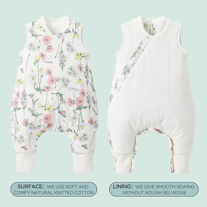 Duomiaomiao 1.5 TOG Toddler Sleep Sack 6-12 Months 100% Cotton Four Season Side Open Zipper Baby Sleep Sack with Feet, Breathable Toddler Wearable Blanket