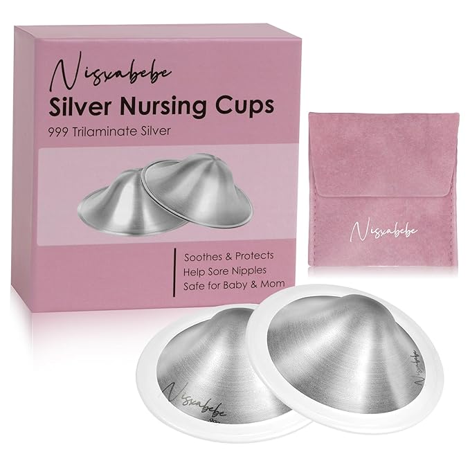 The Original Silver Nursing Cups-Nipple Shields for Breastfeeding Newborn-Breast Feeding Essentials Must Haves-Nipple Covers to Protect Nursing Nipples,Trilaminate 999 Silver,Regular Size