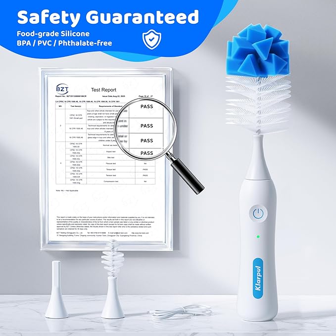 Electric Bottle Brush Cleaner, IPX7 Waterproof Baby Bottle Brush with Replaceable Nipple Cleaning Kit & Extender Rod, 2 Speed Modes, 360° Auto Cleaning, 2000mAh Battery, Rechargeable, Blue