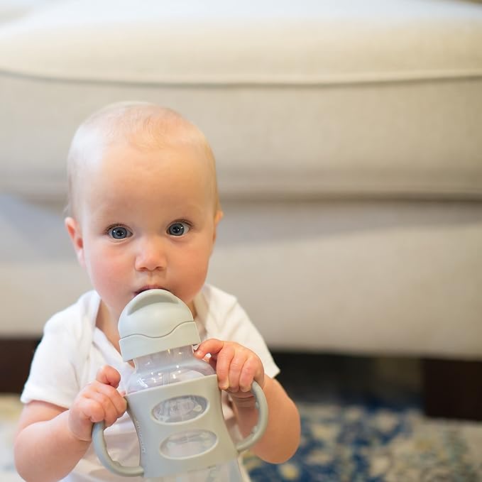 Dr. Brown's Milestones Wide-Neck Sippy Straw Bottle with 100% Silicone Handles and Weighted Straw, 9 oz/270 mL, Gray & Green, 6m+