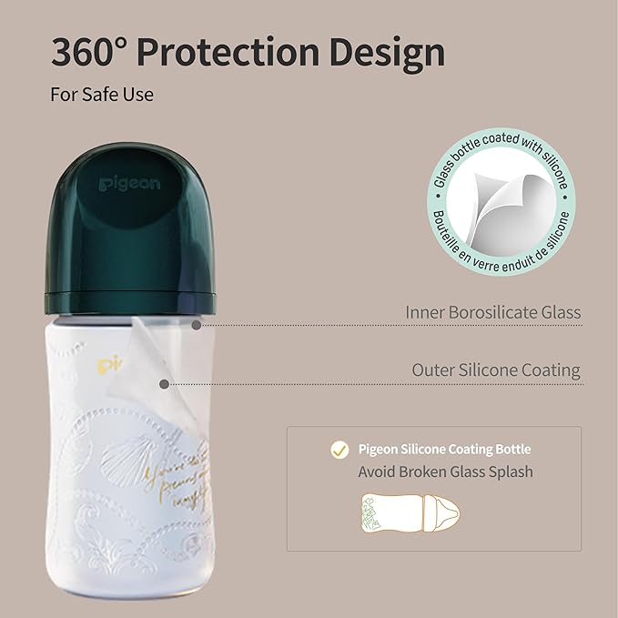 Pigeon Glass Baby Bottle Feeding Gift Set with Silicone Coating, Nurture & Nest, Anti-Colic Wide Neck & Latch-On Nipple, 2 Bottles (5.4/8.1 Oz) and 2 Extra Stage 2/4 Nipples