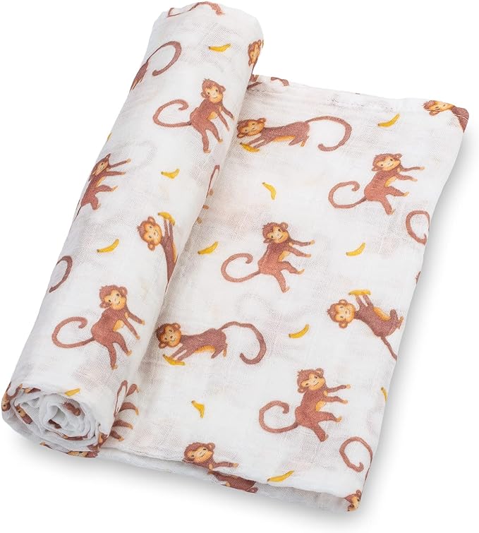 LollyBanks Muslin Swaddle Blankets, 100% Cotton Baby Swaddle Blanket for Boys and Girls, Large 47 x 47 Inches Newborn Swaddle, Soft and Breathable Baby Receiving Blankets, Registry (Monkey Print)