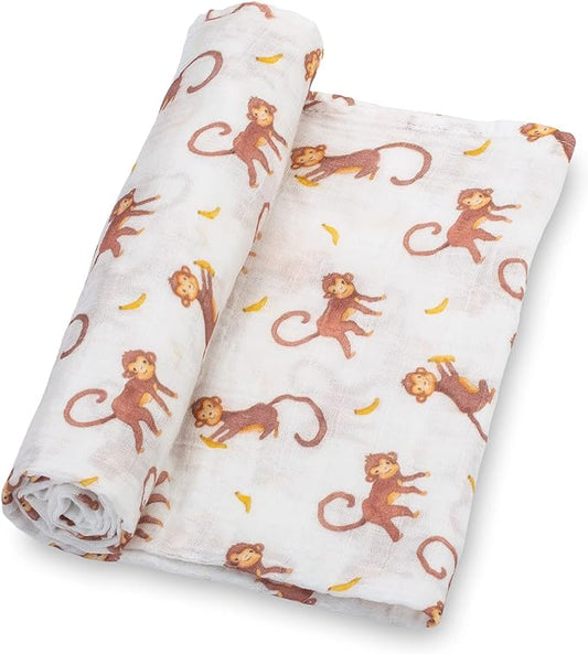 LollyBanks Muslin Swaddle Blankets, 100% Cotton Baby Swaddle Blanket for Boys and Girls, Large 47 x 47 Inches Newborn Swaddle, Soft and Breathable Baby Receiving Blankets, Registry (Monkey Print)