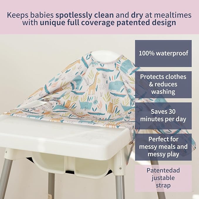 Long Sleeve Baby Bib - Mess-Proof Feeding Bibs for Babies - Adjustable, Waterproof, and Highchair/Table Attachment