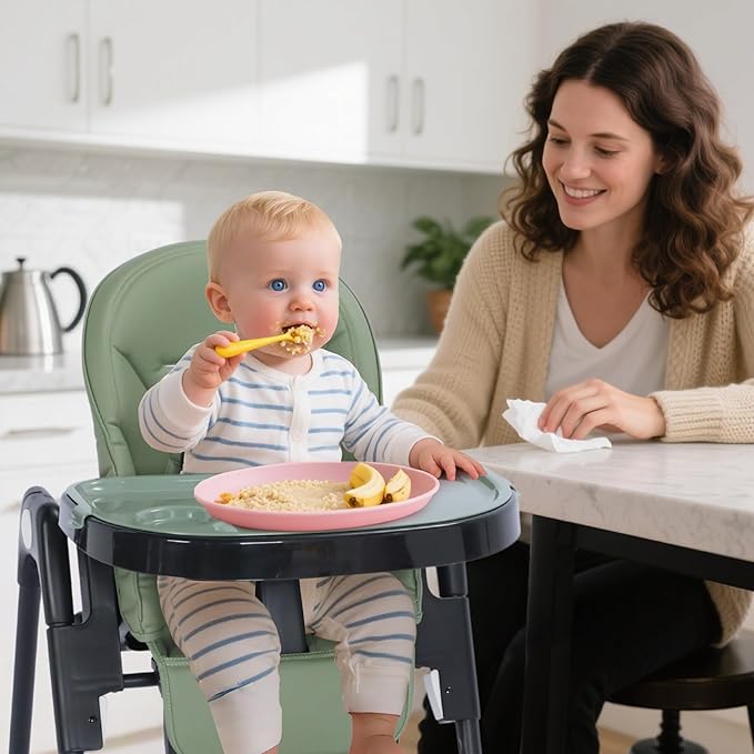 3 in 1 Foldable Baby High Chair, Infant High Chairs for Babies and Toddlers, 6 Height & 5 Recline Adjustable Toddler Feeding Chair, 2 Tray Depth & 3 Footrest Angles, 2 Built-in Wheels, Green