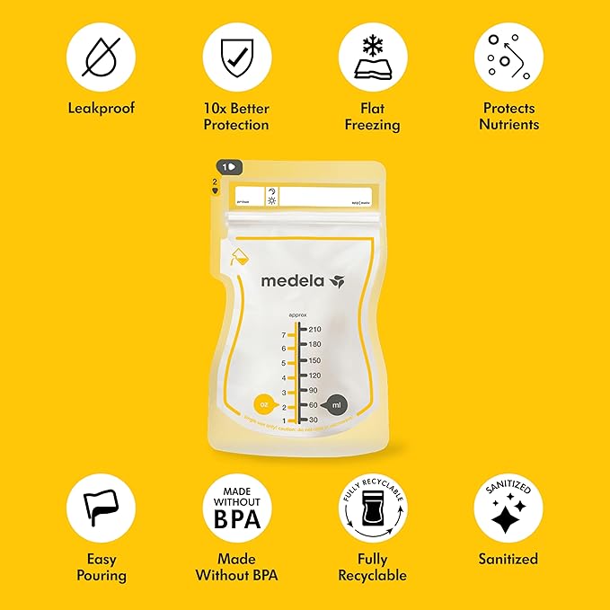 Medela Easy Pour Breastmilk Storage Bags 200 Count 7oz/210ml Disposable, Leakproof, Fast Freeze, Breast Milk Protection Recyclable & BPA Free