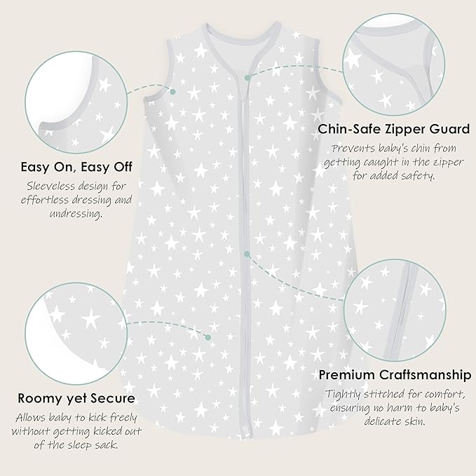 Cute Castle Baby Sleep Sack 12-18 Months - Lightweight 100% Cotton 2-Way Zipper TOG 0.5 Infant Wearable Blanket, Newborn Essentials Toddler Sleep Clothes, 3 Pack(Gray, Letters, Stars)