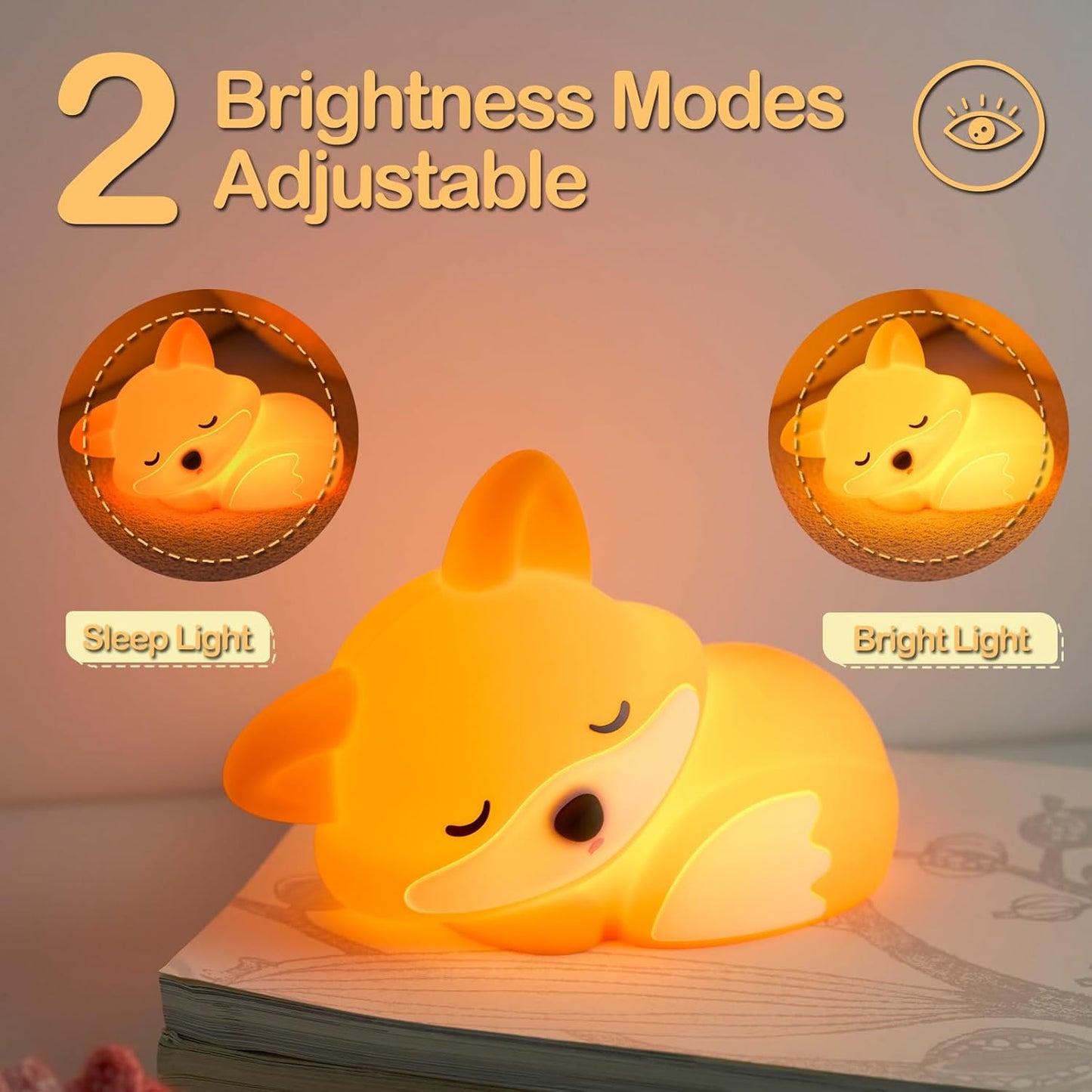 ATSUI Fox Night Light, LED Squishy Novelty Animal Lamp, Food Grade Silicone, 2 Level Dimmable, Nursery Nightlight for Desk Decor, Funny Gifts Stuff for Boys Girls Baby, White Elephant Gifts