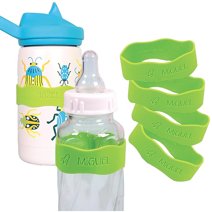InchBug Orbit Labels Baby Bottle and Water Bottle Silicone Name Bands – Personalized Reusable Label Set for Daycare, Sippy Cups, Preschool, Elementary School, Dishwasher Safe, 4-Pack (Kiwi Green)
