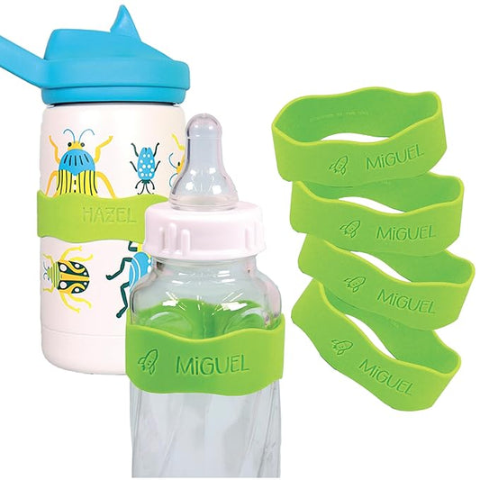 InchBug Orbit Labels Baby Bottle and Water Bottle Silicone Name Bands – Personalized Reusable Label Set for Daycare, Sippy Cups, Preschool, Elementary School, Dishwasher Safe, 4-Pack (Kiwi Green)