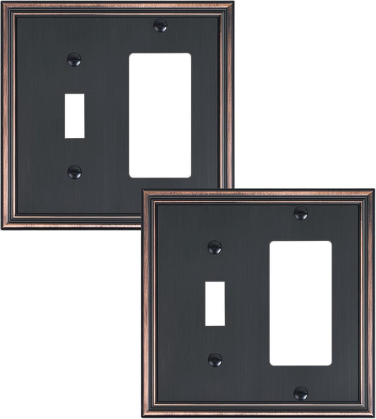 2-Pack Combo Toggle/Decorator Light Switch Cover Plate, Aged Bronze Decorative Electrical Outlet Covers, Durable Solid Zinc Alloy Wall Switch Plates and Outlet Covers