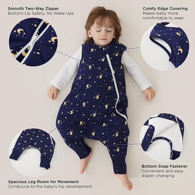 Duomiaomiao 2.5 TOG Toddler Sleep Sack 2-3T Months 100% Cotton Winter Side Open Zipper Baby Sleep Sack with Feet, Warm Toddler Wearable Blanket