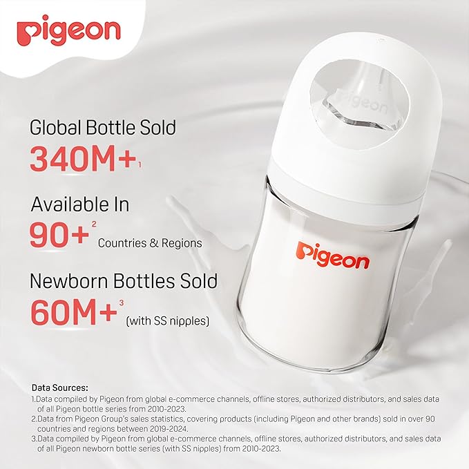 Pigeon Glass Nursing Bottle Wide Neck, Nurture & Nest, Anti-Colic, Streamlined Body, Natural Feel, Easy to Clean, Heat-Resistant, 5.4 Oz (Pack of 3), Includes 3pcs Stage 1 Nipples (0m+)