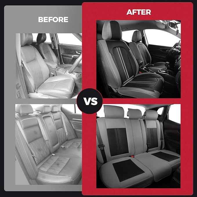 FREESOO Car Seat Covers Full Set, Black Grey Waterproof Car Seat Cover, Leather Seat Covers for Trucks, Luxury Car Seat Covers Front Seats and Auto Back, Car Seat Protector Cushion for Most SUV Cars