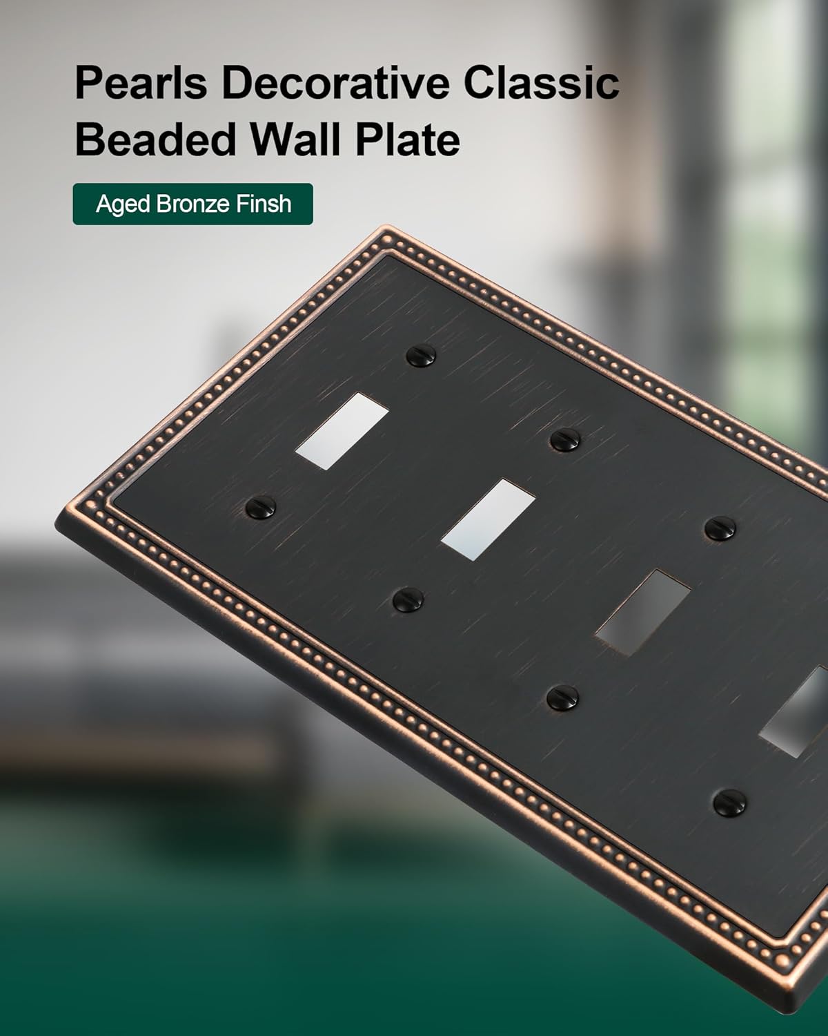 2-Pack Quad Toggle Light Switch Cover Plate, 4 Gang Metal Switch Plate Covers, Aged Bronze Pearls Decorative Wall Plate, Corrosion Resistant