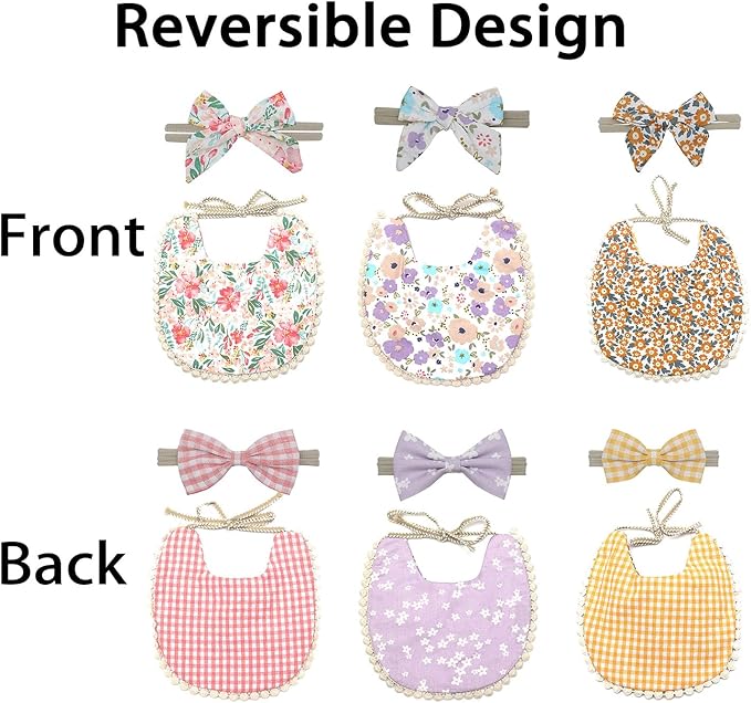 Baby Girls Floral Print Bibs, Reversible Burp Cloth Set for Newborn Infant Toddlers