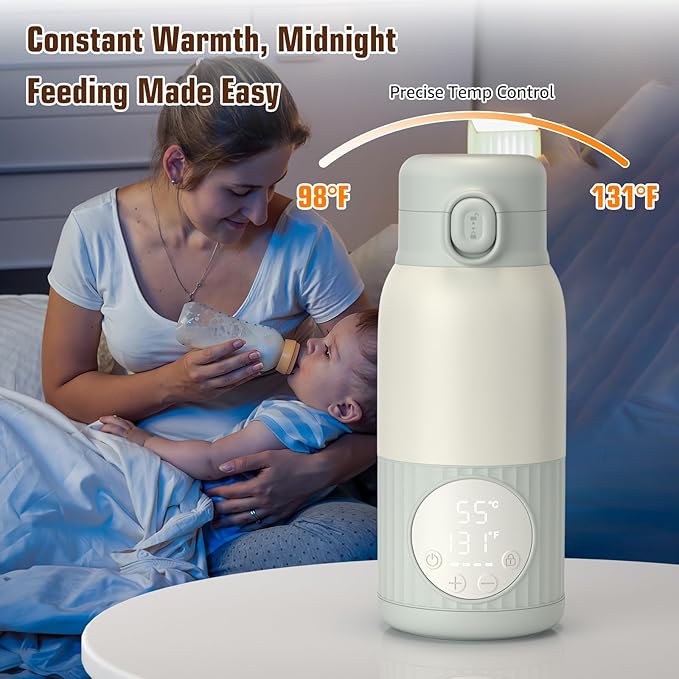 Portable Bottle Warmer for Breast Milk,Formula or Water 13oz Large Capacity,100W Power Fast Warming & Precise Temp Control Baby Milk Warmer for Travel