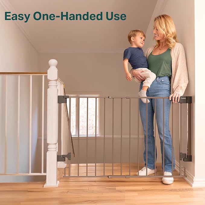 Cumbor 29.2–43" Baby Gate for Stairs, Wall-Mounted (Drill Required), Expandable No Bottom Bar Dog Gate, Auto Close Extra Wide Walk Thru, Pet & Toddler Proof Gate, Top & Bottom of Stairways (Brown)