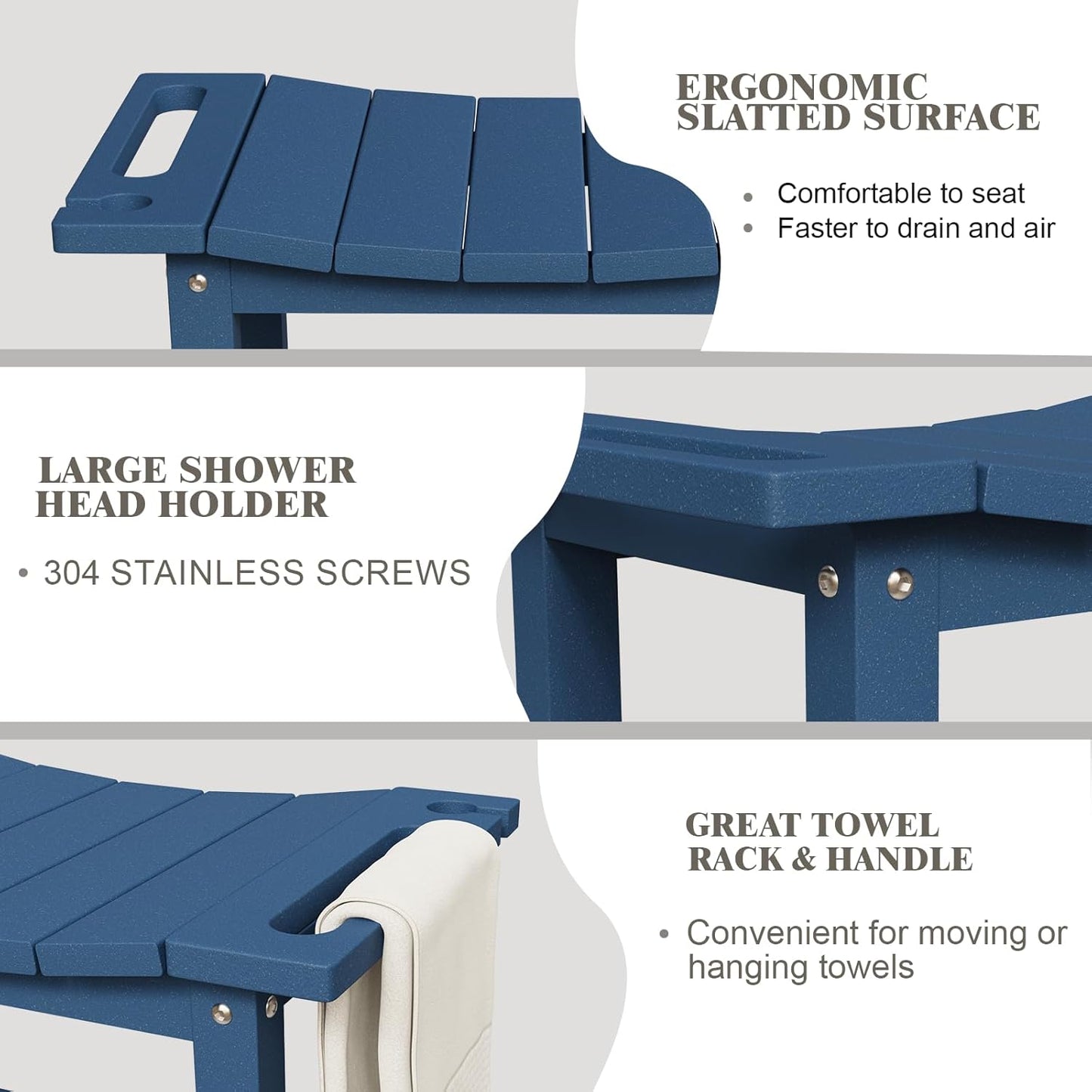 HDPE Shower Bench Stool for Inside Shower, Non-Slip Shower Stool for Shaving Legs with Storage Shelf, Waterproof Shower Chair Spa Bath Seat for Indoor & Outdoor Use (Navy)