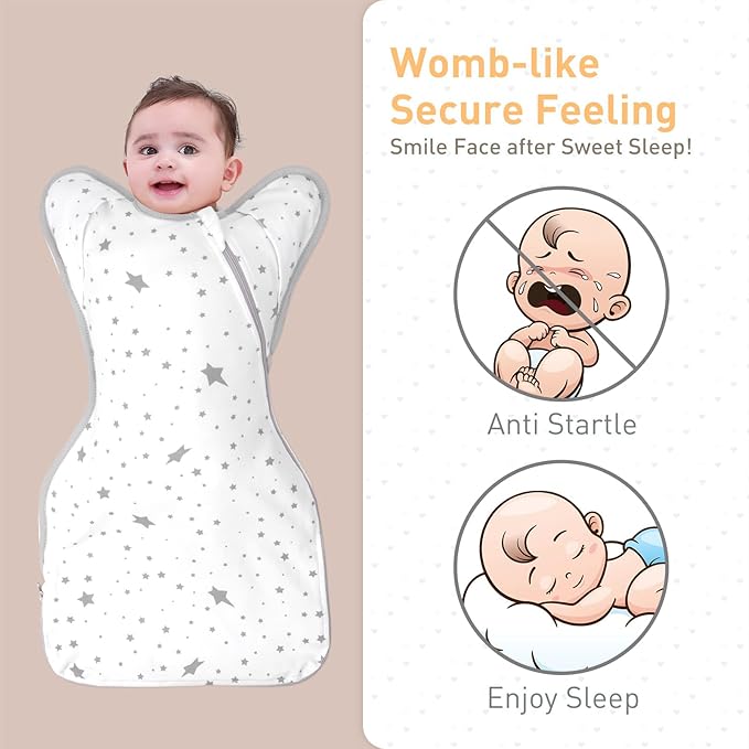 Premium Soft Cotton Swaddle Blanket Sleep Sack Arms Up 2 Packs 6-12 Months, Hands Up 3-Way Transitions to Arms-Free Wearable Sleeping Sack Bag for Babies Boys Girls Snug Fit Calms Startle Reflex