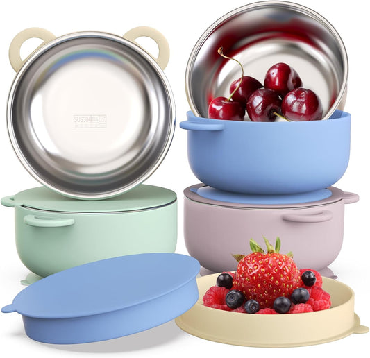 Baby Suction Bowls with Lids 4-Pack, 2-in-1 Stainless Steel 304 Toddler Bowl & Removable Silicone Suction Kids Bowl Plate Set Non Toxic Snack Dishes for Self-Feeding, Twilight Meadow
