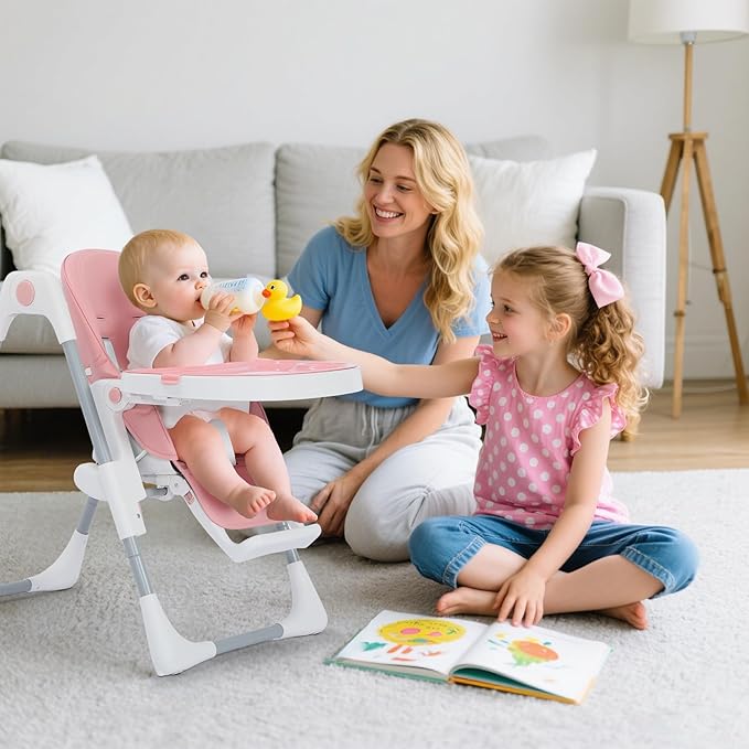 3 in 1 Foldable Baby High Chair, Infant High Chairs for Babies and Toddlers, 6 Height & 5 Recline Adjustable Toddler Feeding Chair, 2 Tray Depth & 3 Footrest Angles, 2 Built-in Wheels, Pink
