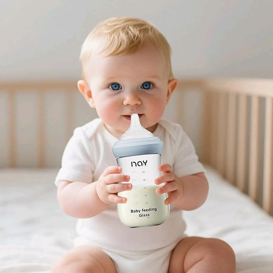 Natural Glass Baby Bottle for Breastfeeding Babies, 8oz Anti-Colic Baby Bottle with Natural Response Nipple(M), Clear, Wide Neck, 2 Pack, 3 Months+