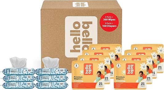 Hello Bello Mega Surprise Pack, Size 4 (22-37 lbs), 168ct Hypoallergenic Assorted Diapers with a Soft, Cloth-Like Feel Plus 360 Ultra Gentle Unscented Baby Wipes in 6 Resealable Packs