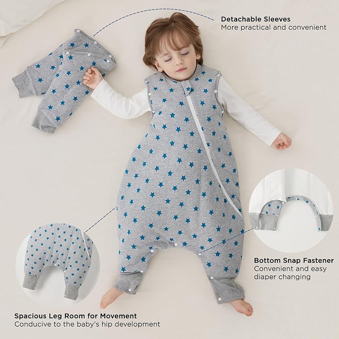 Duomiaomiao 3.5 TOG Toddler Sleep Sack 3-4T 100% Cotton Winter Side Open Zipper Baby Sleep Sack with Feet, Warm Toddler Wearable Blanket
