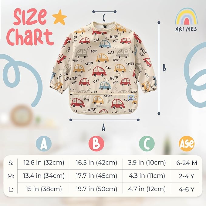 ARI MES Long Sleeves Waterproof Baby Bibs for Eating - Rainbows, Large- Wearable, Coverall for Toddler, Long Sleeve Bib, Smock Apron for Feeding - Applicable for 6-72 Months