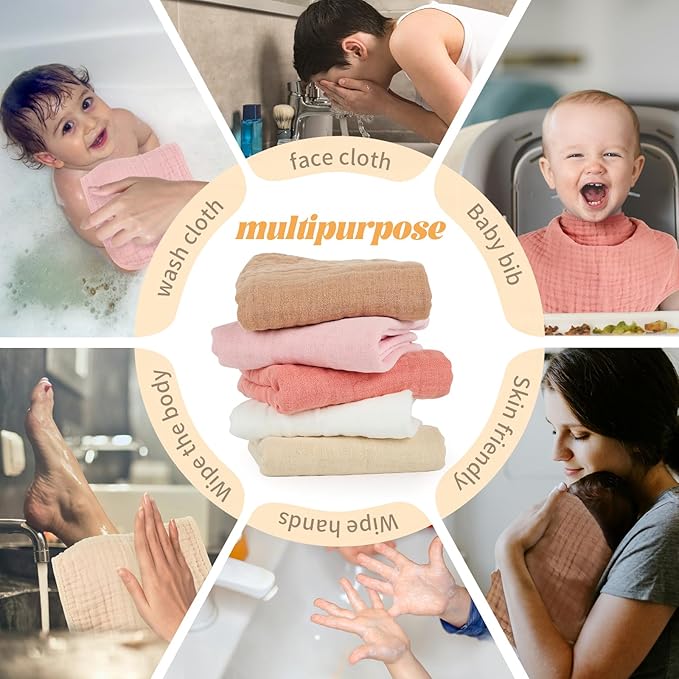Muslin Burp Cloths 100% Cotton Baby Burp Cloths Soft, Absorbent 10x20 inches for Girls and Boys Baby Essentials
