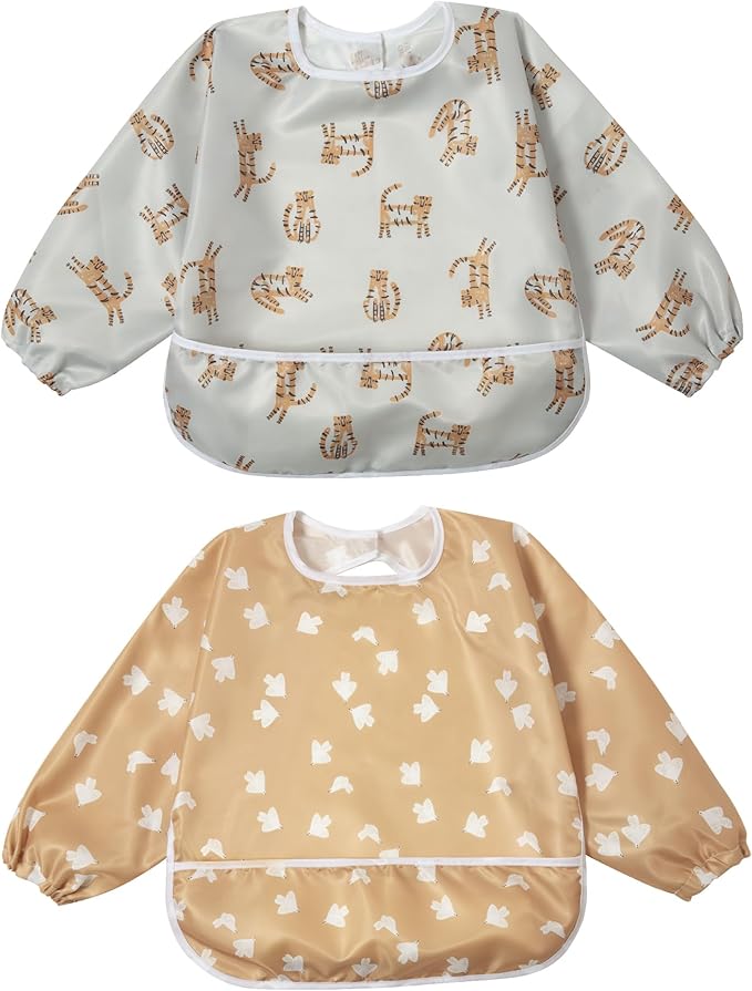 Little Dimsum Baby Bib with Pocket Waterproof Toddler Bibs Infant Feeding Bibs for Boys and Girls, Pack of 2 Colors