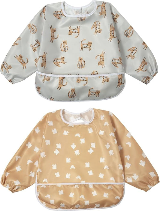 Little Dimsum Baby Bib with Pocket Waterproof Toddler Bibs Infant Feeding Bibs for Boys and Girls, Pack of 2 Colors