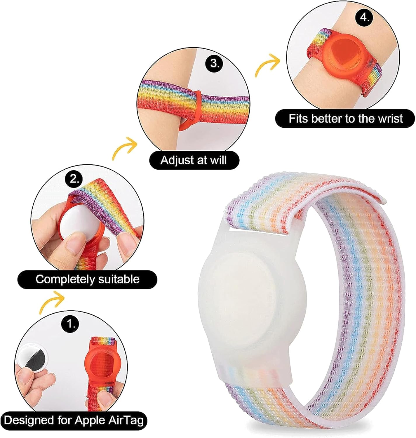 2 Pack AirTag Bracelet for Kids, Apple Air Tag Protective Cover with Nylon Wristband, Anti Lost GPS Trackers Case Cover Elastic Watch Band for Toddlers Girls Boys Elders (Rainbow)